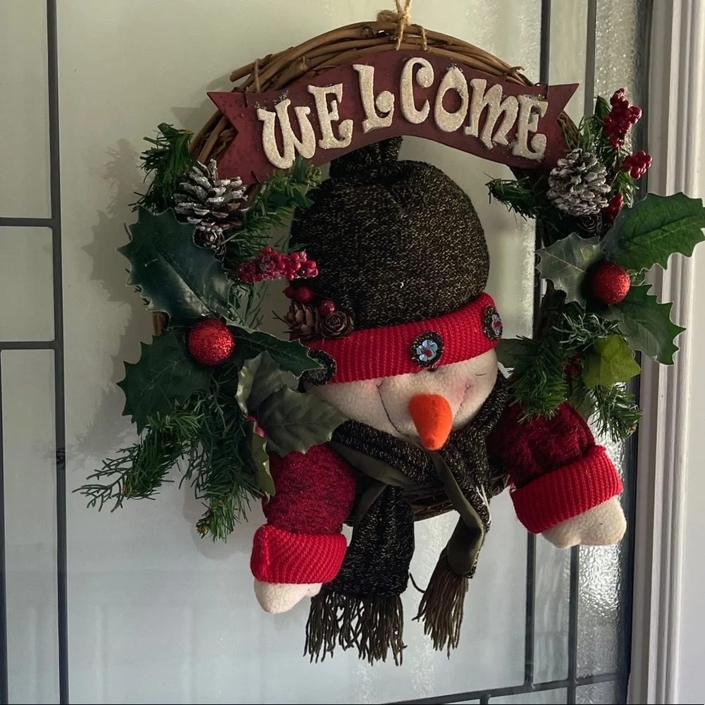 **Holiday Snowman Wreath Welcome Sign For Front Door